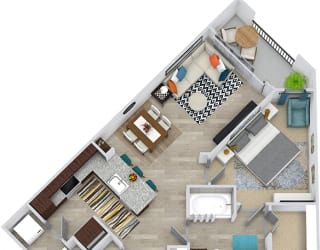 3D Jones 1 bedroom apartment floorplan. Entry closet, kitchen with peninsula island, open to dining-living area. in-unit washer/dryer, 1 bathroom with linen cabinet and walk-in closet. Balcony