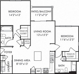 Kingfisher. 2 bedroom apartment. Kitchen with island open to living/dinning rooms. 2 full bathroom. Walk-in closets. Patio/balcony.