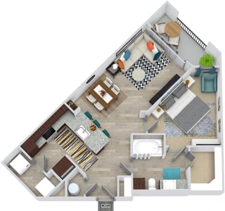 3D Jones 1 bedroom apartment floorplan. Entry closet, kitchen with peninsula island, open to dining-living area. in-unit washer/dryer, 1 bathroom with linen cabinet and walk-in closet. Balcony