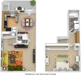 Ashton 3D. 1 bedroom townhouse. Kitchen with bartop open to dinning room. 1 full bathroom + powder room. built in desk. Patio/balcony.