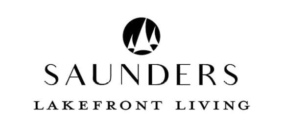 A logo with a mountain and the words "Saunders Lakefront Living".