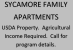 SYCAMORE FAMILY APARTMENTS USDA Property.  Agricultural Income Required.  Call for program details.