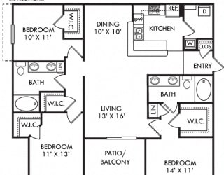 Camden. 3 bedroom apartment. Kitchen with bartop open to living/dinning rooms. 2 full bathroom, double vanities. Walk-in closets. Patio/balcony.