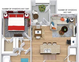 Blanco 3D. 1 bedroom apartment. Kitchen with island open to living/dinning rooms. 1 full bathroom. Walk-in closet. Patio/balcony.