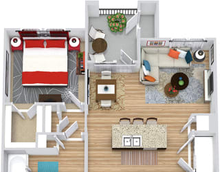 Nueces 3D. 1 bedroom apartment. Kitchen with island open to living/dinning rooms. 1 full bathroom. Walk-in closet. Patio/balcony.