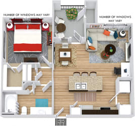 Blanco 3D. 1 bedroom apartment. Kitchen with island open to living/dinning rooms. 1 full bathroom. Walk-in closet. Patio/balcony.