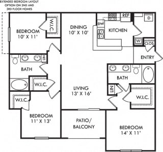Camden. 3 bedroom apartment. Kitchen with bartop open to living/dinning rooms. 2 full bathroom, double vanities. Walk-in closets. Patio/balcony.