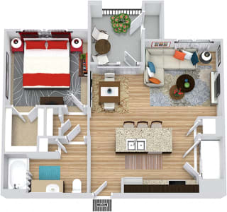 Nueces 3D. 1 bedroom apartment. Kitchen with island open to living/dinning rooms. 1 full bathroom. Walk-in closet. Patio/balcony.