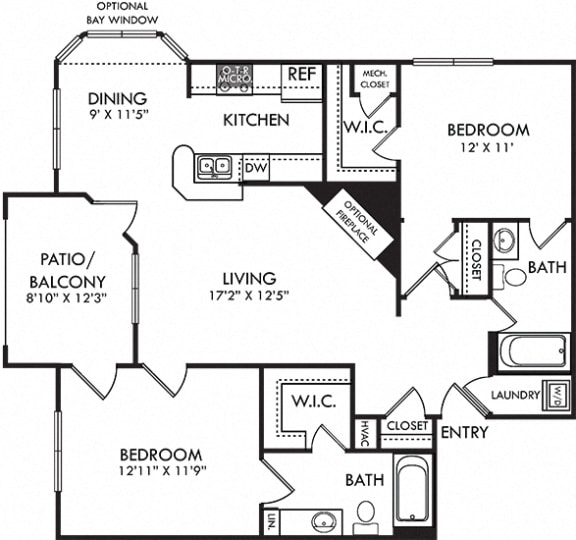 Fairway. 2 bedroom apartment. Kitchen with bartop open to living/dinning rooms. 2 full bathrooms. Walk-in closet in master. Patio/balcony. Optional fireplace.