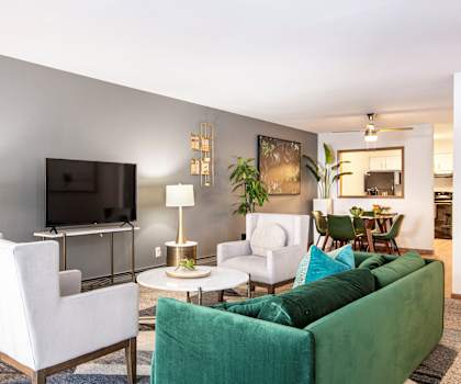 Living room with accent wall at Preserve West, Madison, WI