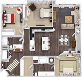 Durham 3 bedroom 2 bath floor plan. L-shaped kitchen with pantry and island open to dining and living area. Walk-in closet in master bedroom. linen closets. balcony. washer/dryer.