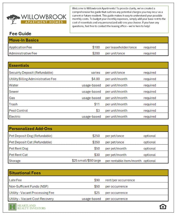 A detailed fee guide for Willowbrook Apartments, including move-in basics, essentials, personalized add-ons, and situational fees.