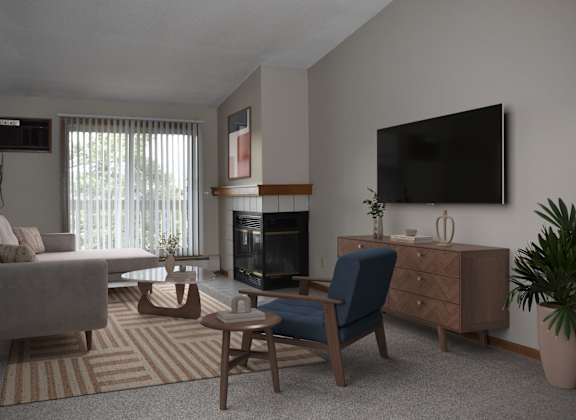 A living room with a fireplace, a chair, and a couch.