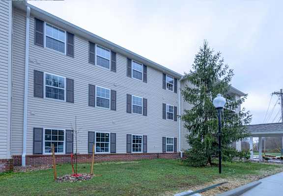 A grey building with a tree in front of it.