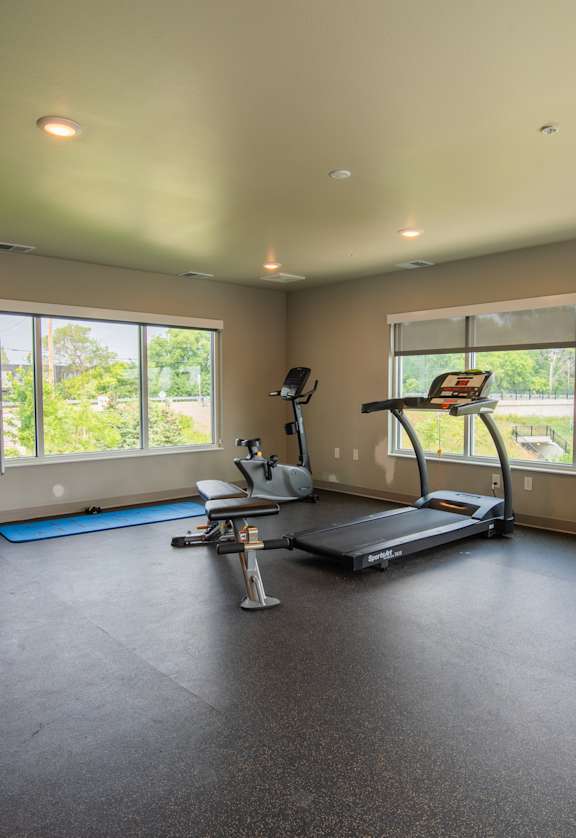 A spacious home gym with a treadmill, elliptical trainer, and other exercise equipment.