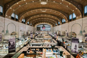 a view of a large market hall with lots of products