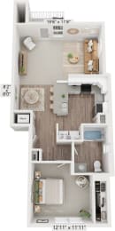 One bedroom end 3D floor plan at Eagle Ridge Apartment Homes, Traverse City, MI