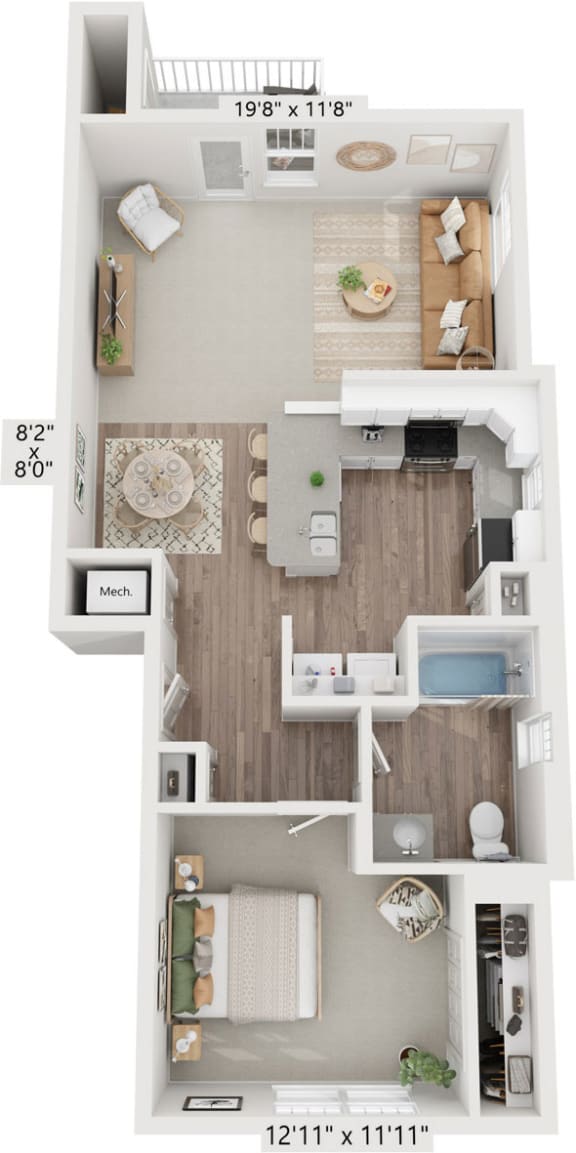 One bedroom end 3D floor plan at Eagle Ridge Apartment Homes, Traverse City, MI
