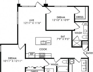 The Lockhart. 2 bedroom apartment. Kitchen with island open to living/dinning rooms. 2 full bathrooms. Walk-in closet in master. Patio/balcony.