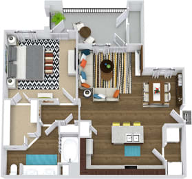 3D Sycamore. 1 bedroom apartment. Kitchen with island open to living/dinning rooms. 1 full bathroom, double vanity. Walk-in closet. Patio/balcony.