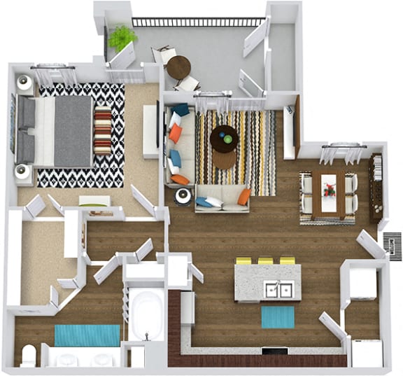 3D Sycamore. 1 bedroom apartment. Kitchen with island open to living/dinning rooms. 1 full bathroom, double vanity. Walk-in closet. Patio/balcony.