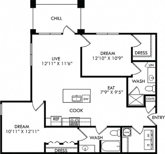 The Lockhart. 2 bedroom apartment. Kitchen with island open to living/dinning rooms. 2 full bathrooms. Walk-in closet in master. Patio/balcony.