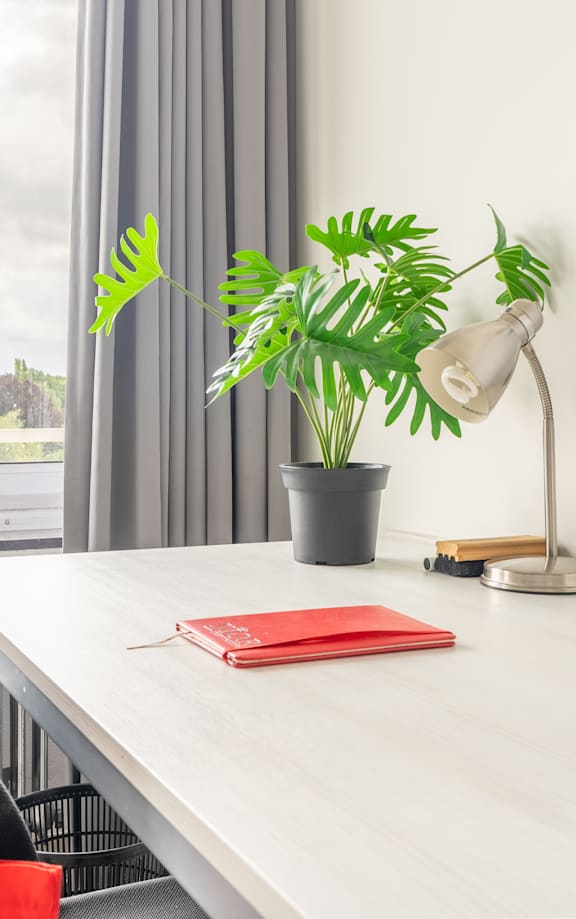 A white desk with a red chair and a small potted plant on it.