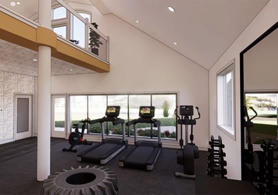 a rendering of a fitness room with treadmills and other exercise equipment