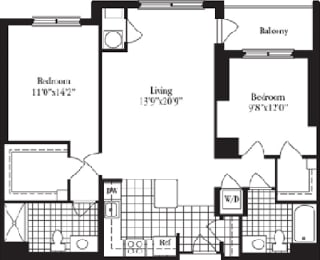 2 bed 2 bath floorplan for The Doncaster, at Wentworth House,North Bethesda, 20852