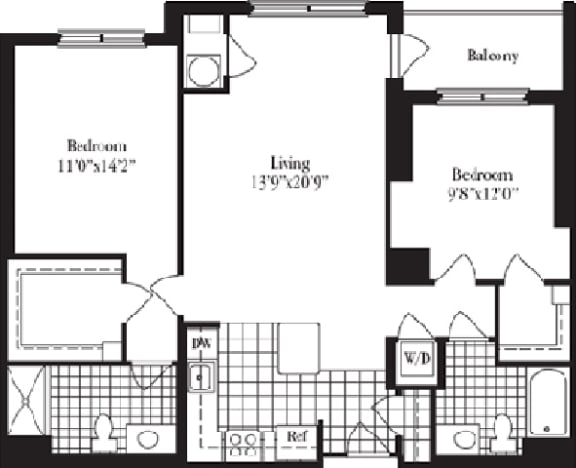 2 bed 2 bath floorplan for The Doncaster, at Wentworth House,North Bethesda, 20852