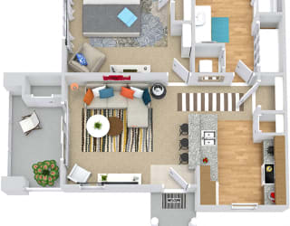 Linley 3D. 1 bedroom apartment. Kitchen with bartop open to living room. 1 full bathroom. Patio/balcony.