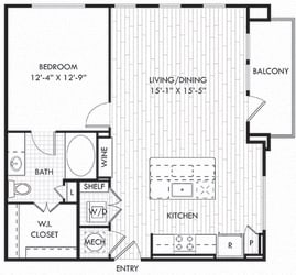 The Dorsett. 1 bedroom apartment. Kitchen with bartop open to living/dinning rooms. 1 full bathroom. Walk-in closet. Patio/balcony.
