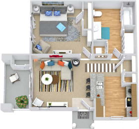 Linley 3D. 1 bedroom apartment. Kitchen with bartop open to living room. 1 full bathroom. Patio/balcony.