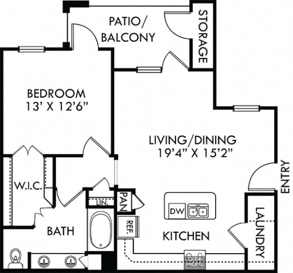 Sycamore. 1 bedroom apartment. Kitchen with island open to living/dinning rooms. 1 full bathroom, double vanity. Walk-in closet. Patio/balcony.