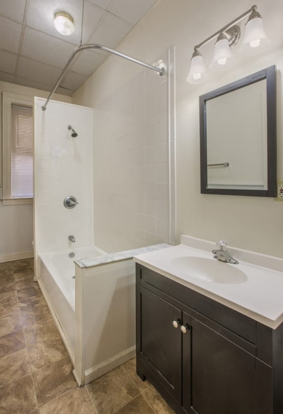 Modern Bathroom with Framed Mirror at Willett Apartments, Albany, 12210