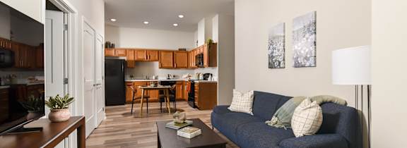 A modern living room with a kitchen area in the background.