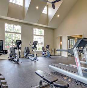 A spacious gym with treadmills, elliptical machines, and other exercise equipment.