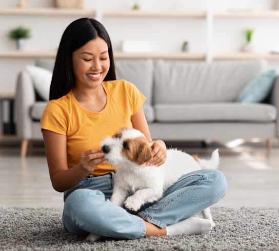 Woman is sitting on the floor with a small white and brown dog at Plaza at Pinnacle Hills, Rogers, AR, 72758