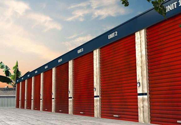 A series of red storage units are lined up in a row.
