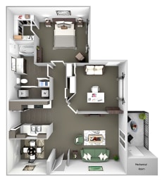 Belle Harbour Apartments - A4 - 1 bedroom and 1 bath - 3D Floor Plan