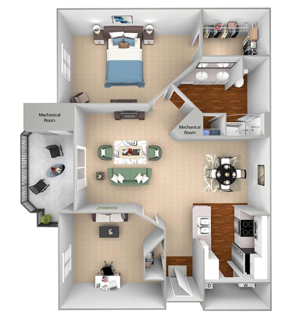 The Commons - A2 - Aberdeen - 1 bedroom - 1 bath - 3D floor plan