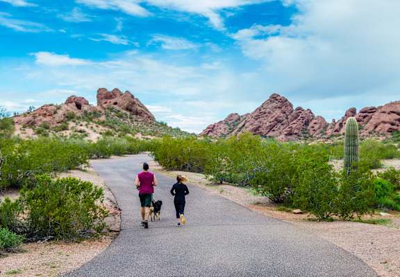 A man and a woman walking a dog on a paved trail in a desert.