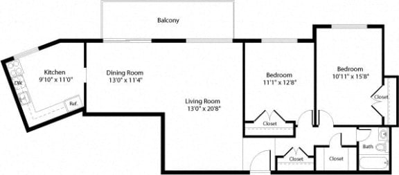 2 bed 1 bath B2 Floor Plan 2 bed 1 bath B2 Floor Plan at The Fields of Arlington, Arlington