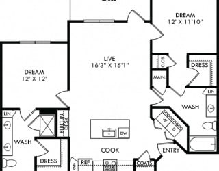 The Freedman. 2 bedroom apartment. Kitchen with island open to living room. 2 full bathrooms, double vanity in master. Walk-in closet. Patio/balcony.