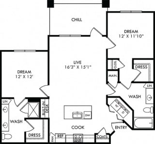 The Freedman. 2 bedroom apartment. Kitchen with island open to living room. 2 full bathrooms, double vanity in master. Walk-in closet. Patio/balcony.