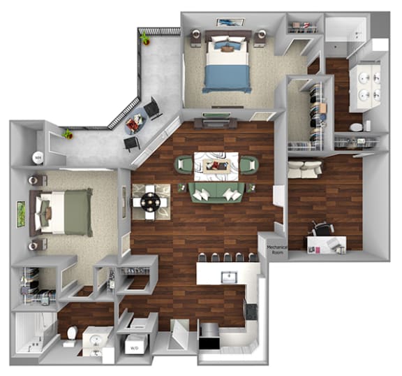 B12 - 2 Bed - 1Den - 2 Bath - The Airdrie at Paoli Station - 3D Floor Plan