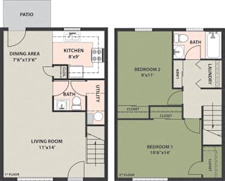  Floor Plan 2-Bed, 1-1/2-Bath Townhome