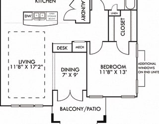 The Budapest. 1 bedroom apartment. Kitchen with island open to living/dining rooms. 1 full bathroom. Walk-in closet. Patio/balcony.