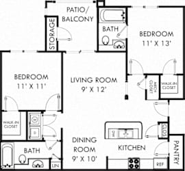 Holloway. 2 bedroom apartment. Kitchen with island open to living/dinning rooms. 2 full bathrooms. Walk-in closets. Patio/balcony.