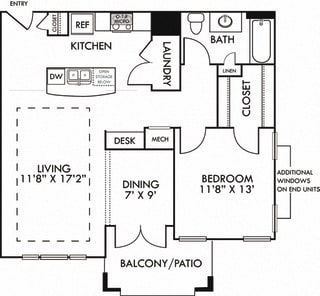 The Budapest. 1 bedroom apartment. Kitchen with island open to living/dining rooms. 1 full bathroom. Walk-in closet. Patio/balcony.